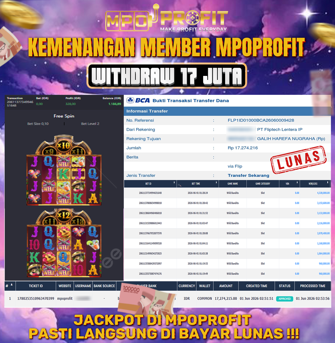 MPOPROFIT JACKPOT SLOT PGSOFT! KEMENANGAN MURNI DI (WILD BANDITO TOTAL RP. 17.274.216,- LUNAS)