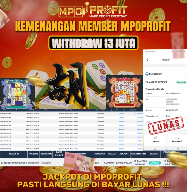 MPOPROFIT JACKPOT SLOT PRAGMATIC PLAY! KEMENANGAN MURNI DI ( MAHJONG BLACK SCATTER  TOTAL RP 13.000.000,- LUNAS)